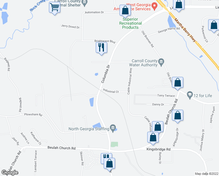 map of restaurants, bars, coffee shops, grocery stores, and more near 206 Industrial Court in Carrollton