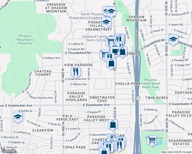map of restaurants, bars, coffee shops, grocery stores, and more near 3015 East Emile Zola Avenue in Phoenix