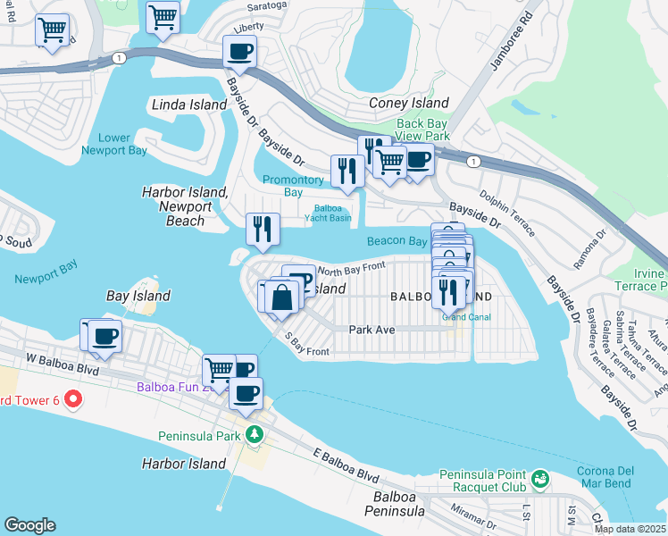 map of restaurants, bars, coffee shops, grocery stores, and more near 310 Collins Avenue in Newport Beach