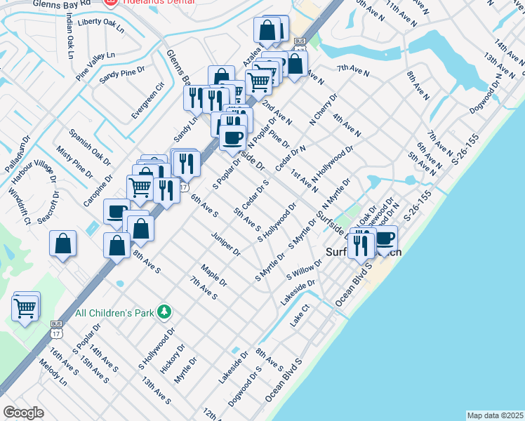 map of restaurants, bars, coffee shops, grocery stores, and more near 613 4th Avenue South in Surfside Beach