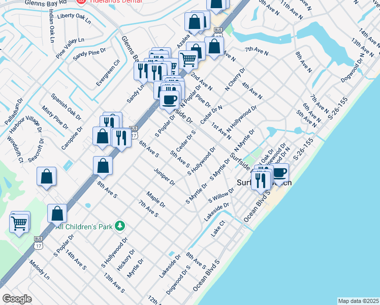 map of restaurants, bars, coffee shops, grocery stores, and more near 613 4th Avenue South in Surfside Beach