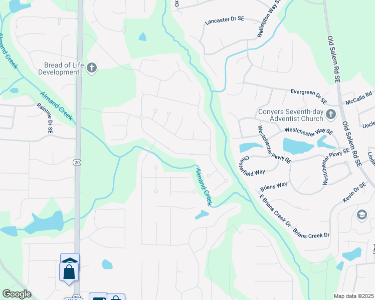 map of restaurants, bars, coffee shops, grocery stores, and more near 1368 Fall River Drive Southeast in Conyers