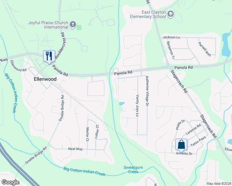 map of restaurants, bars, coffee shops, grocery stores, and more near Katherine Village Drive in Ellenwood