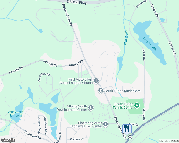 map of restaurants, bars, coffee shops, grocery stores, and more near 5425 Stonewall Tell Road in Atlanta