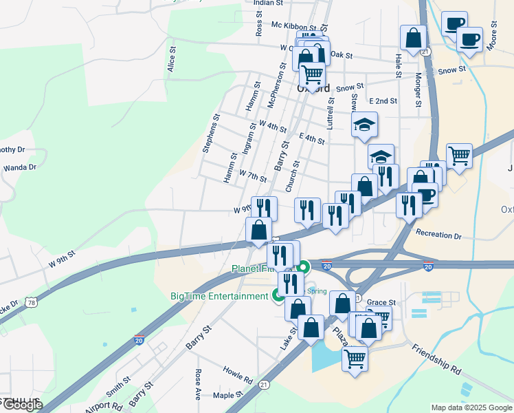 map of restaurants, bars, coffee shops, grocery stores, and more near 1400 Barry Street in Oxford