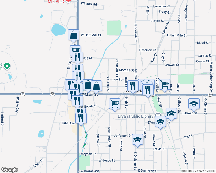 map of restaurants, bars, coffee shops, grocery stores, and more near 200 North Forest Street in West Point