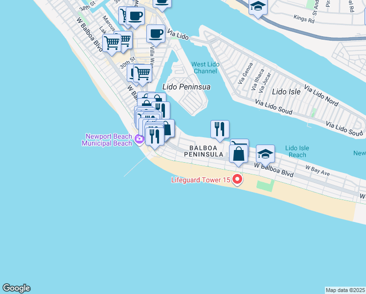 map of restaurants, bars, coffee shops, grocery stores, and more near 1822 West Balboa Boulevard in Newport Beach