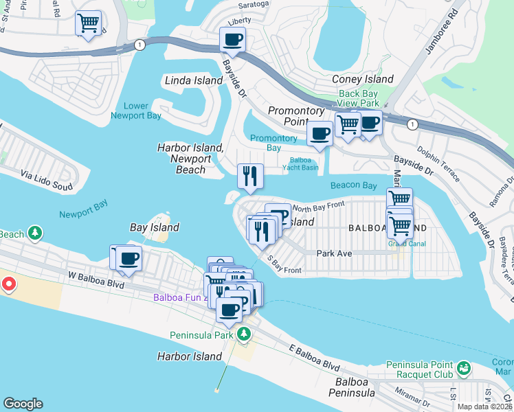 map of restaurants, bars, coffee shops, grocery stores, and more near 210 Emerald Avenue in Newport Beach
