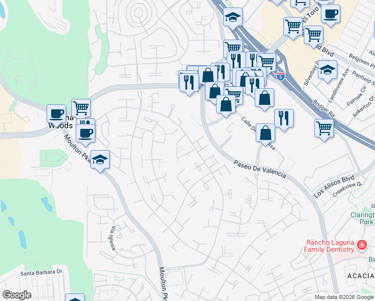 map of restaurants, bars, coffee shops, grocery stores, and more near in Laguna Woods