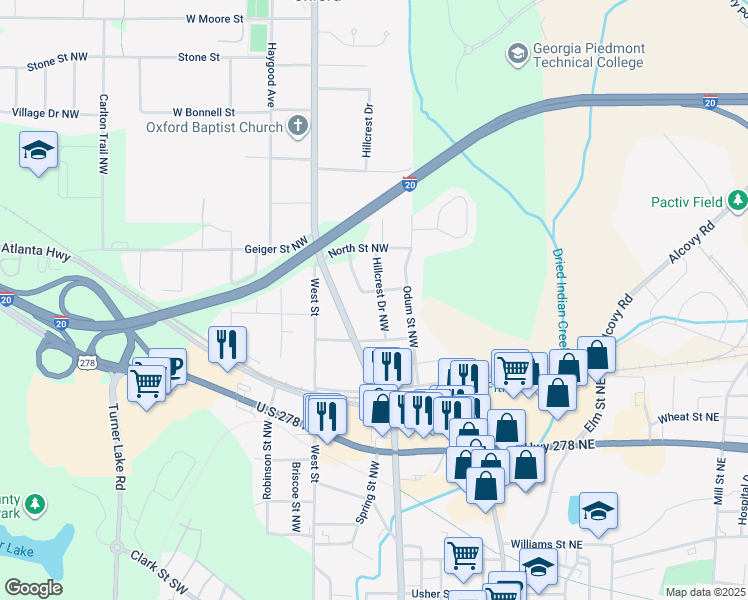 map of restaurants, bars, coffee shops, grocery stores, and more near 5149 Hillcrest Drive Northwest in Covington