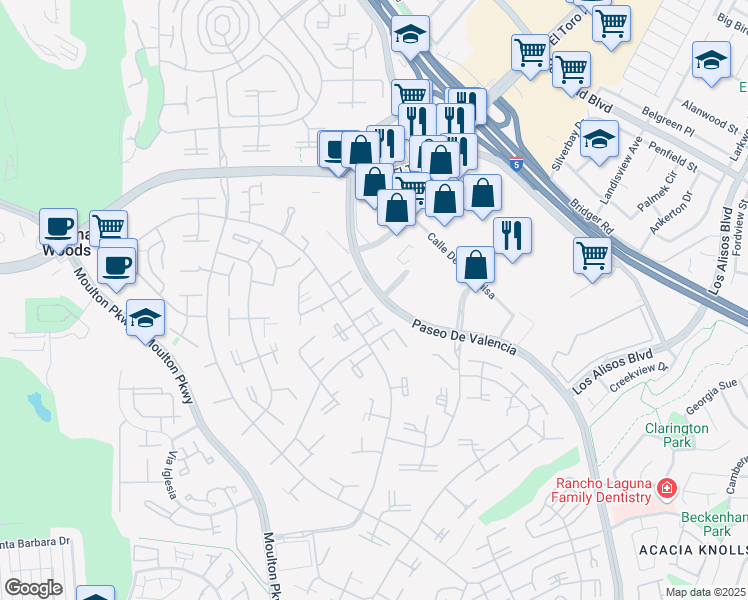map of restaurants, bars, coffee shops, grocery stores, and more near 41 Calle Aragon in Laguna Woods