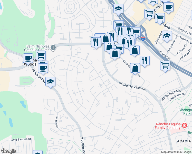 map of restaurants, bars, coffee shops, grocery stores, and more near 53 Calle Aragon in Laguna Woods