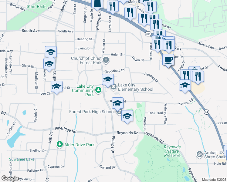 map of restaurants, bars, coffee shops, grocery stores, and more near 5354 Phillips Drive in Morrow