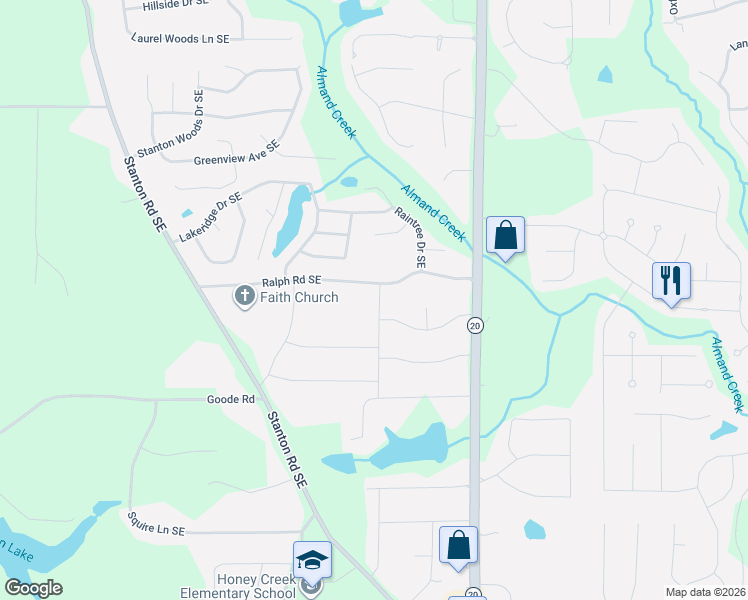 map of restaurants, bars, coffee shops, grocery stores, and more near 3095 Sunset Road Southeast in Conyers