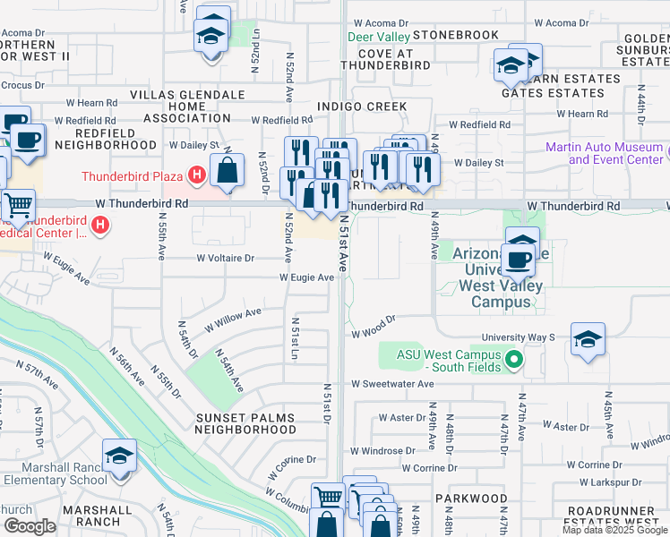 map of restaurants, bars, coffee shops, grocery stores, and more near 5150 West Eugie Avenue in Glendale