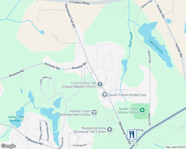 map of restaurants, bars, coffee shops, grocery stores, and more near 5425 Stonewall Tell Road in Atlanta