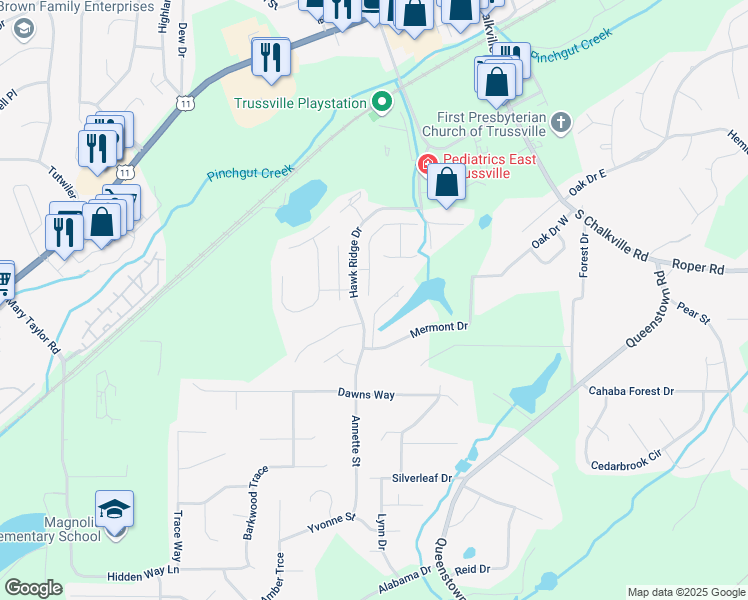 map of restaurants, bars, coffee shops, grocery stores, and more near 627 Mermont Drive in Trussville