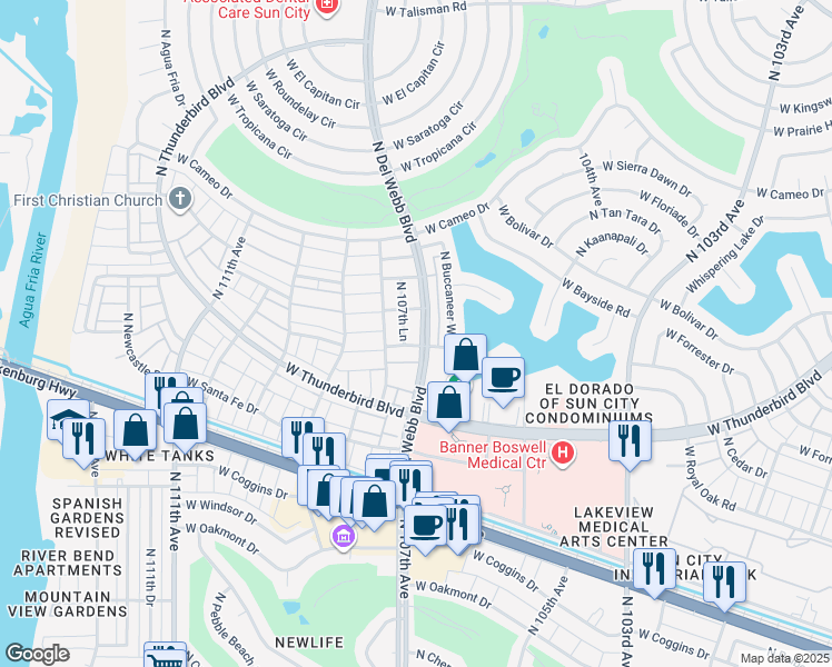 map of restaurants, bars, coffee shops, grocery stores, and more near 10713 West Buccaneer Way in Sun City