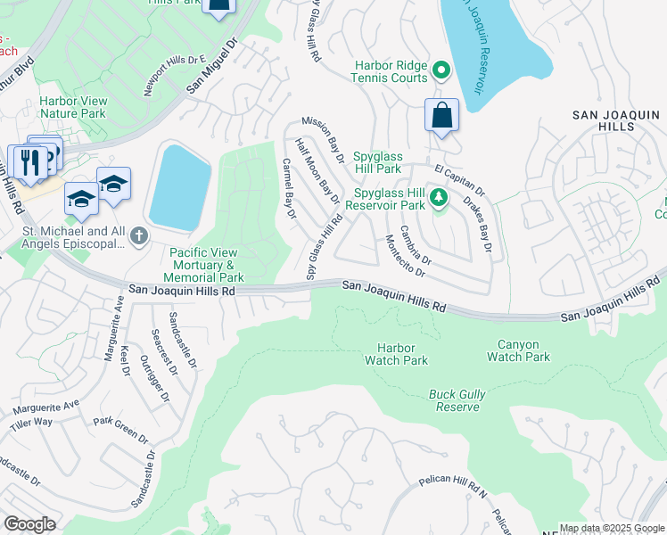 map of restaurants, bars, coffee shops, grocery stores, and more near 23 San Mateo Way in Newport Beach