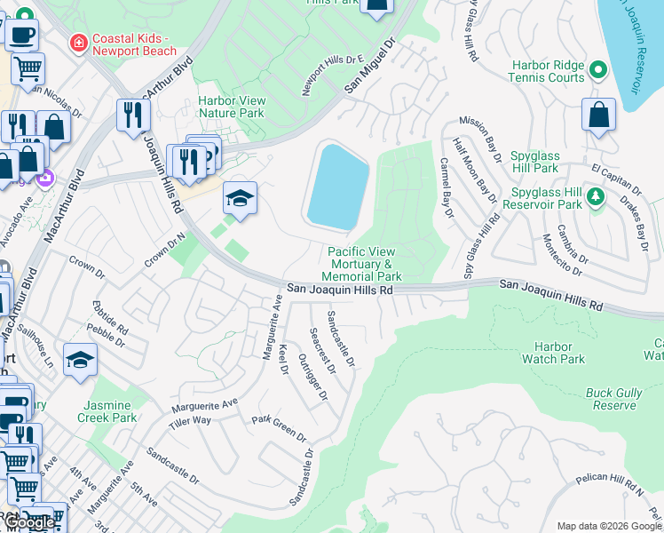 map of restaurants, bars, coffee shops, grocery stores, and more near 3443 Pacific View Drive in Newport Beach