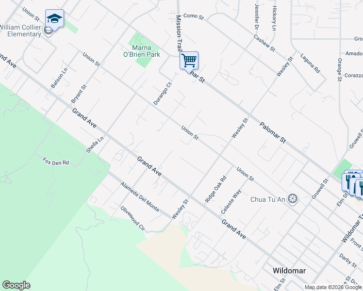 map of restaurants, bars, coffee shops, grocery stores, and more near 20841 Sundrops Lane in Wildomar