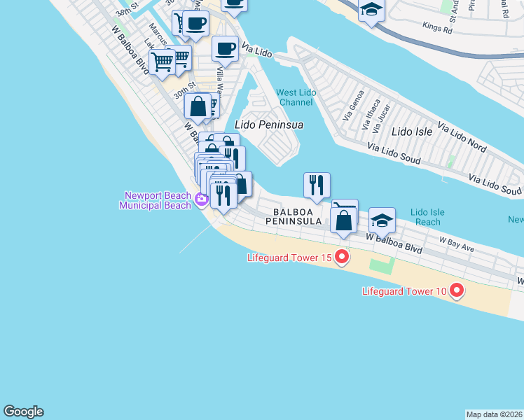 map of restaurants, bars, coffee shops, grocery stores, and more near 1811 West Balboa Boulevard in Newport Beach