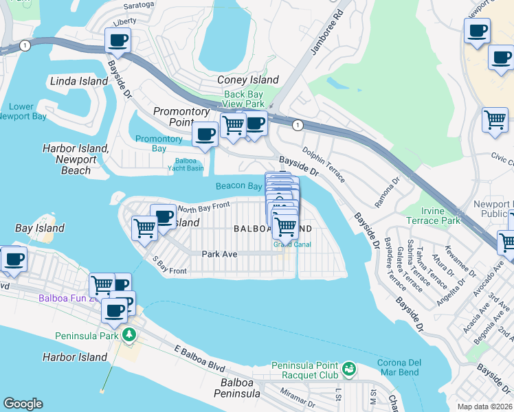 map of restaurants, bars, coffee shops, grocery stores, and more near 327 Amethyst Avenue in Newport Beach