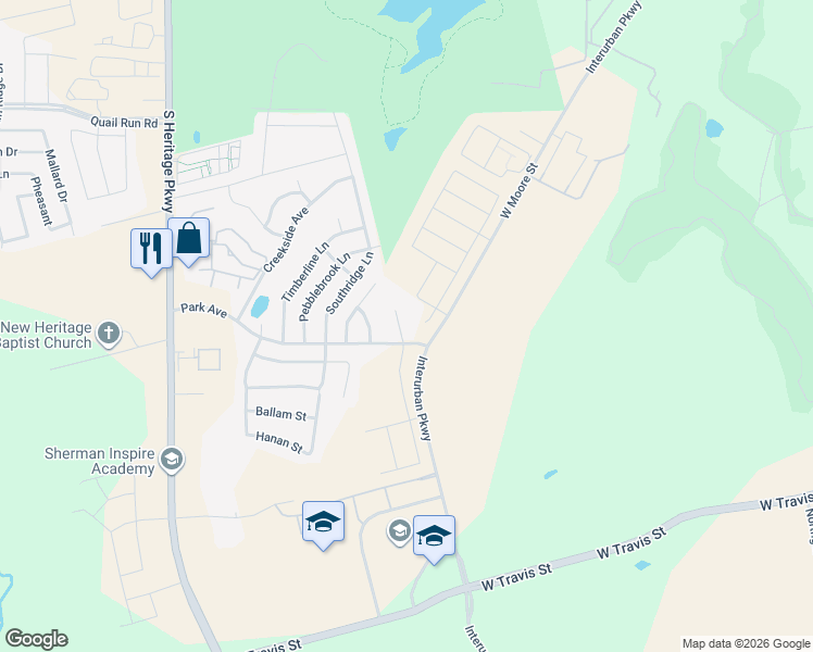 map of restaurants, bars, coffee shops, grocery stores, and more near 1921 Ridgecrest Lane in Sherman