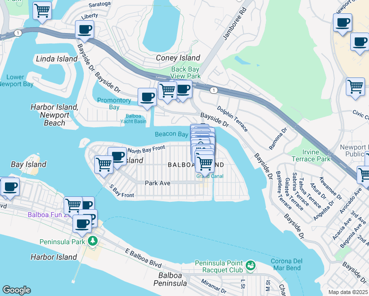 map of restaurants, bars, coffee shops, grocery stores, and more near 327 Amethyst Avenue in Newport Beach