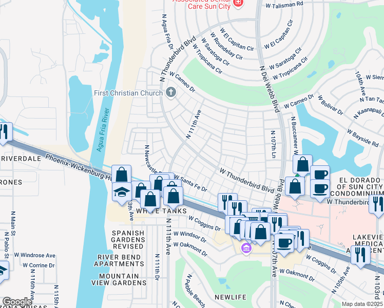 map of restaurants, bars, coffee shops, grocery stores, and more near 13633 North 111th Avenue in Sun City