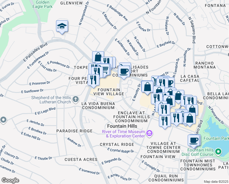 map of restaurants, bars, coffee shops, grocery stores, and more near 16455 East Avenue of the Fountains in Fountain Hills