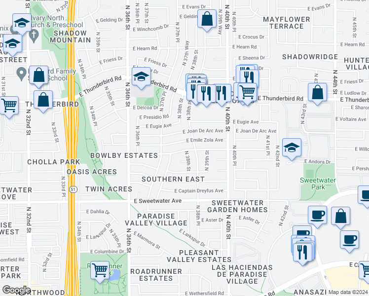 map of restaurants, bars, coffee shops, grocery stores, and more near 3764 East Willow Avenue in Phoenix