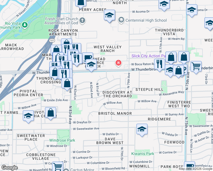 map of restaurants, bars, coffee shops, grocery stores, and more near 8053 West Eugie Avenue in Peoria