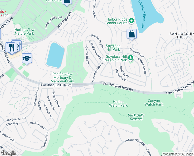 map of restaurants, bars, coffee shops, grocery stores, and more near 25 San Mateo Way in Newport Beach