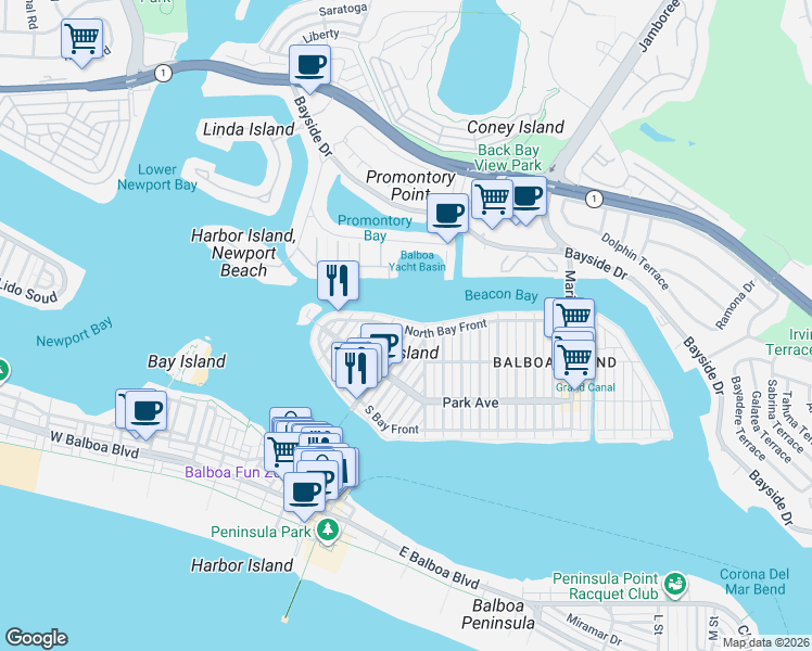 map of restaurants, bars, coffee shops, grocery stores, and more near 409 North Bay Front in Newport Beach