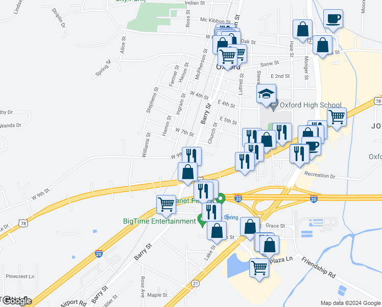 map of restaurants, bars, coffee shops, grocery stores, and more near 1328 Barry Street in Oxford