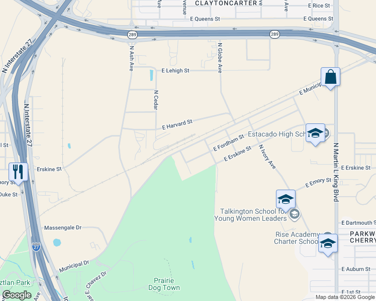 map of restaurants, bars, coffee shops, grocery stores, and more near 510 East Fordham Street in Lubbock