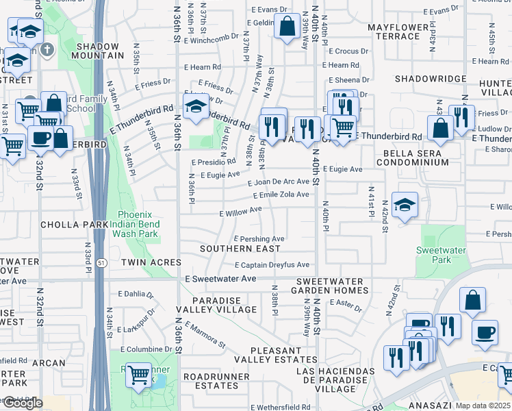 map of restaurants, bars, coffee shops, grocery stores, and more near 13248 North 38th Place in Phoenix