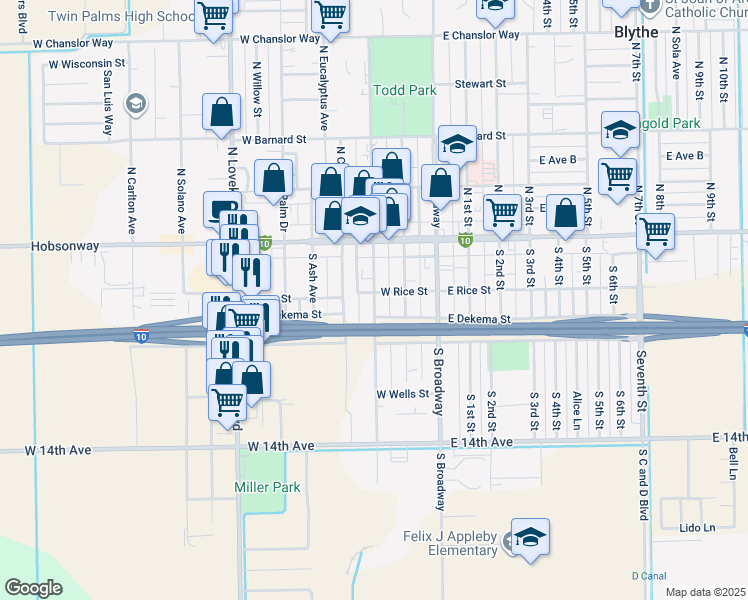 map of restaurants, bars, coffee shops, grocery stores, and more near 229 South Main Street in Blythe
