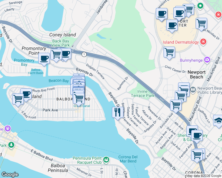 map of restaurants, bars, coffee shops, grocery stores, and more near 1601 Bayside Drive in Newport Beach