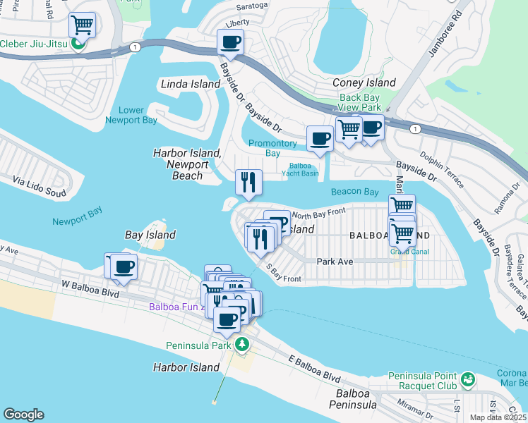 map of restaurants, bars, coffee shops, grocery stores, and more near 200 Garnet Avenue in Newport Beach