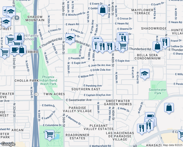 map of restaurants, bars, coffee shops, grocery stores, and more near 13248 North 38th Place in Phoenix