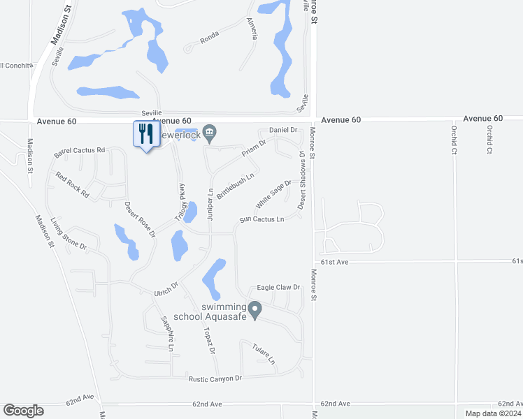 map of restaurants, bars, coffee shops, grocery stores, and more near 60738 White Sage Drive in La Quinta