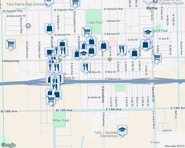 map of restaurants, bars, coffee shops, grocery stores, and more near 211 South Spring Street in Blythe