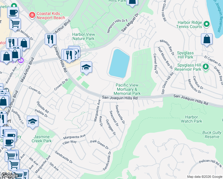 map of restaurants, bars, coffee shops, grocery stores, and more near 1656 Marguerite Avenue in Newport Beach