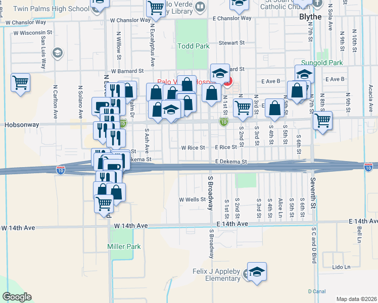 map of restaurants, bars, coffee shops, grocery stores, and more near 222 West Rice Street in Blythe
