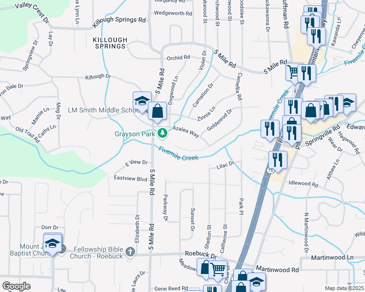 map of restaurants, bars, coffee shops, grocery stores, and more near 412 Camellia Road in Birmingham