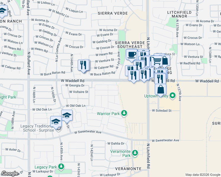 map of restaurants, bars, coffee shops, grocery stores, and more near 14160 West Willow Avenue in Surprise