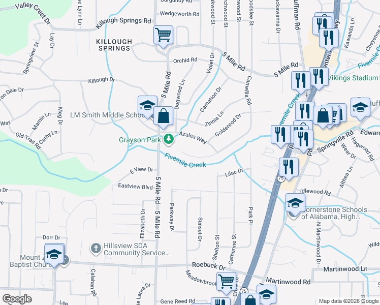 map of restaurants, bars, coffee shops, grocery stores, and more near 412 Camellia Road in Birmingham