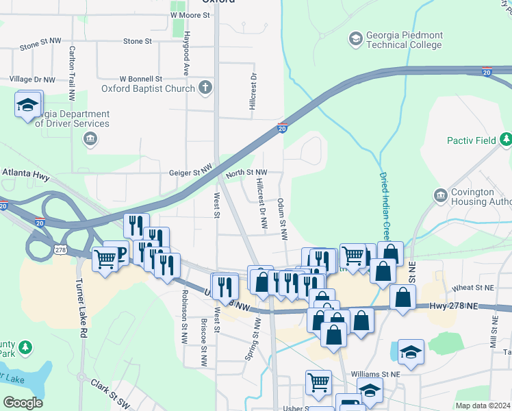 map of restaurants, bars, coffee shops, grocery stores, and more near 5149 Hillside Drive Northwest in Covington